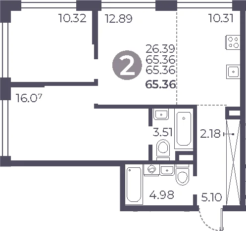 Планировка: 2-комнатная квартира 65,4 м² в ЖК «Мневники от Гранель»