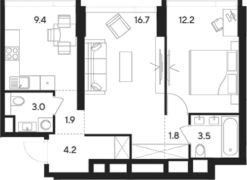 Планировка: 2-комнатная квартира 52,7 м² в ЖК «Инди Тауэрз от Аквилон»