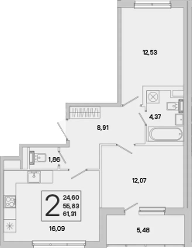 Планировка: 2-комнатная квартира 55,8 м² в ЖК «ЮгТаун. Олимпийские кварталы»