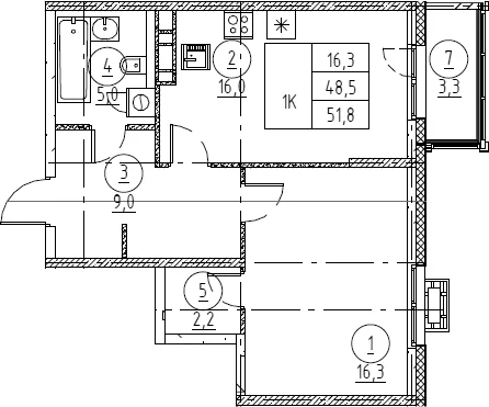 Планировка: Евродвушка 48,9 м² в ЖК «Крылов»