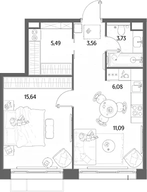 Планировка: Евродвушка 45,6 м² в ЖК «МЫС»