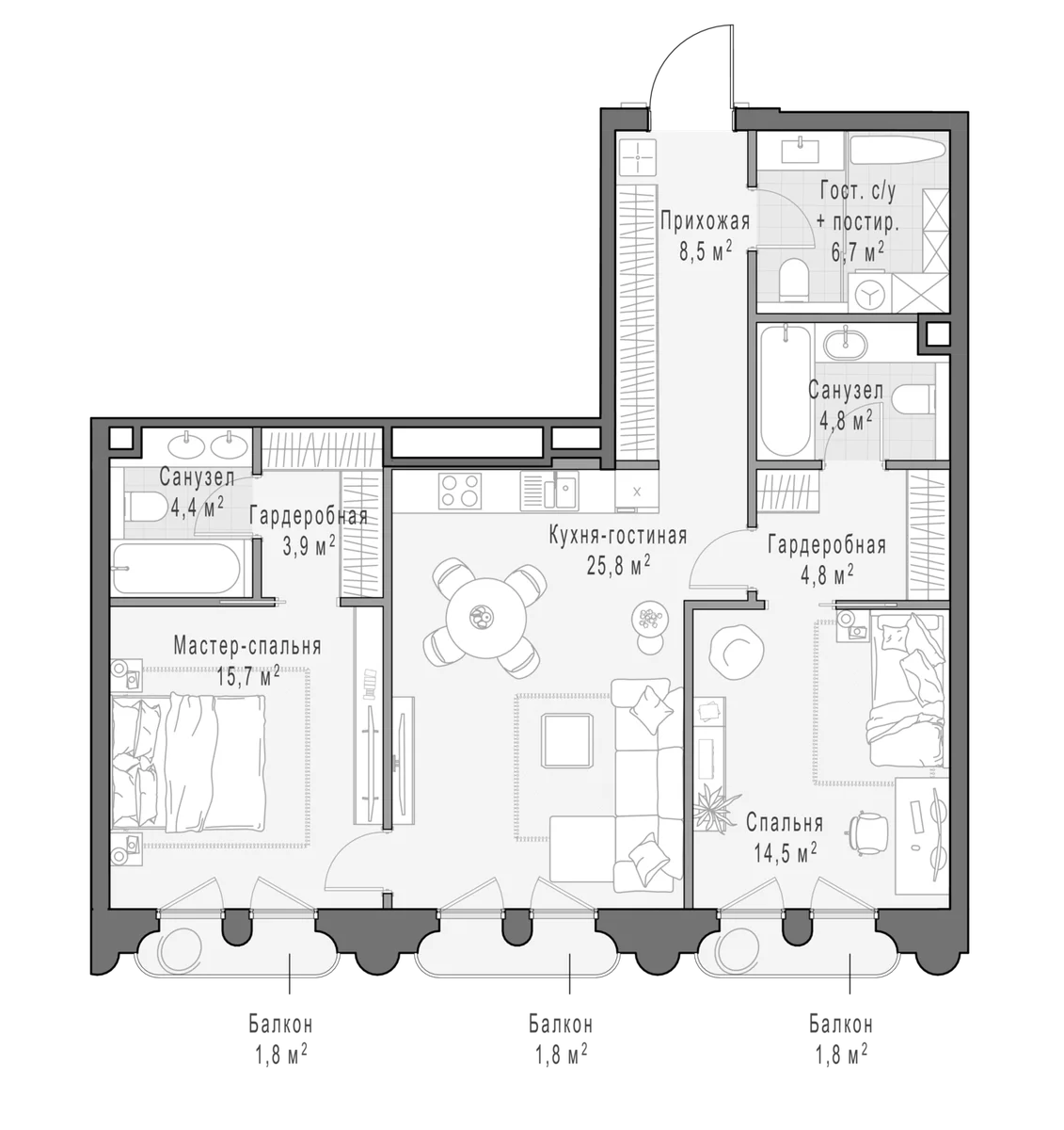 Планировка: Евротрёшка 91,9 м² в ЖК «Клубный квартал Фрунзенский»