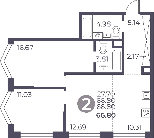 Планировка: 2-комнатная квартира 66,8 м² в ЖК «Мневники от Гранель»