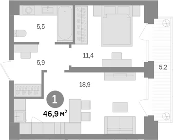 Планировка: 1-комнатная квартира 41,7 м² в ЖК «Квартал Издание»