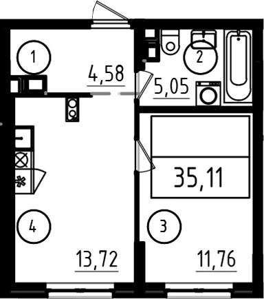 Планировка: 1-комнатная квартира 35,1 м² в ЖК «А101 Лаголово»