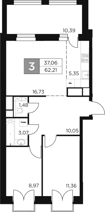 Планировка: Евротрёшка 57 м² в ЖК «Восток 2»