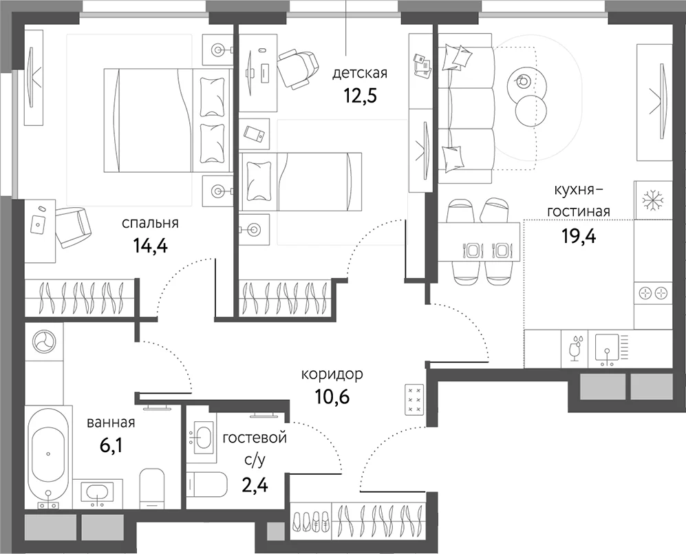 Планировка: Евротрёшка 65,4 м² в ЖК «Сиреневый парк»