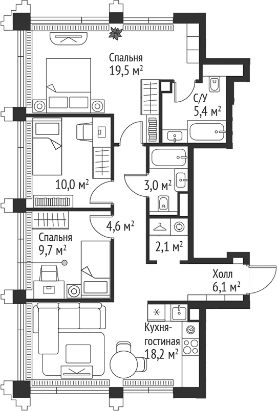 Планировка: Квартира евро-4 78,6 м² в ЖК «СЕТ»