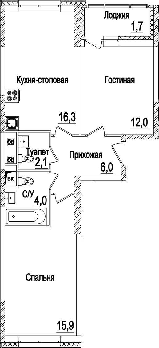 Планировка: Евротрёшка 56,3 м² в ЖК «Рассказово»