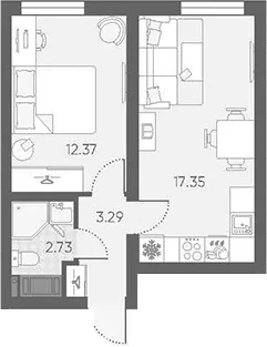 Планировка: Евродвушка 35,7 м² в ЖК «Морская миля»