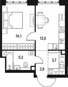 Планировка: 1-комнатная квартира 38,5 м² в ЖК «Левел Южнопортовая»