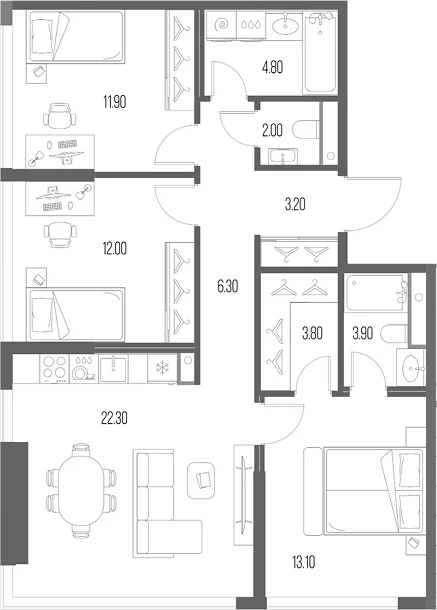 Планировка: 3-комнатная квартира 83,3 м² в ЖК «Северный Порт»