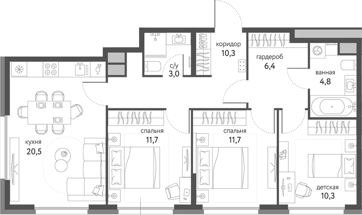 Планировка: 3-комнатная квартира 77,2 м² в ЖК «Сиреневый парк»