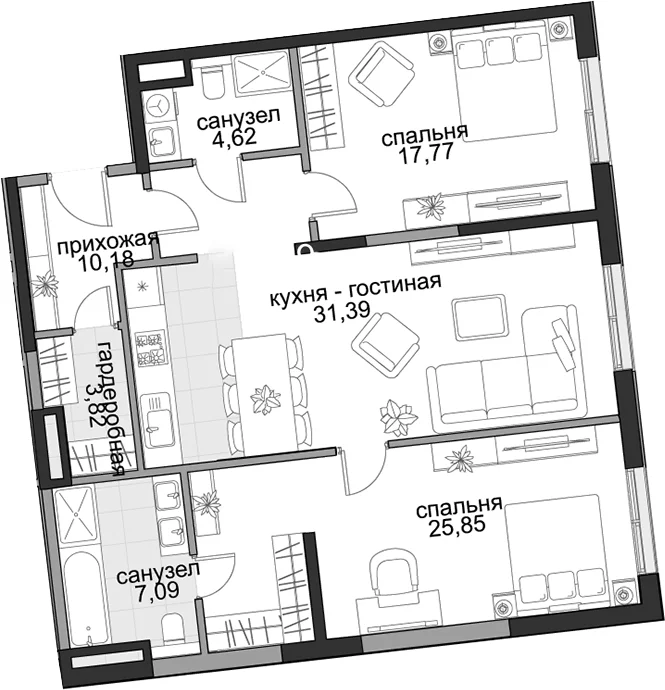 Планировка: Евротрёшка 100,7 м² в ЖК «Садовническая, 69»