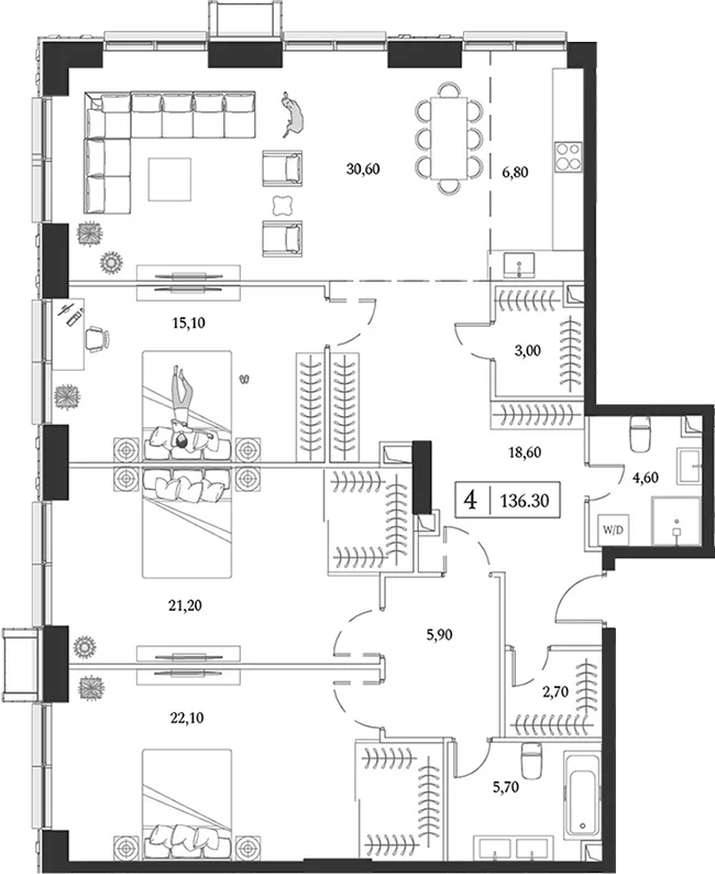 Планировка: Квартира евро-4 136,3 м² в ЖК «Dream Towers»