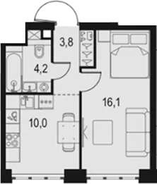 Планировка: 1-комнатная квартира 34,1 м² в ЖК «Левел Южнопортовая»