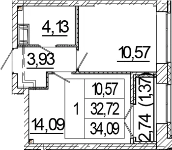 Планировка: 1-комнатная квартира 32,7 м² в ЖК «Новый Питер»