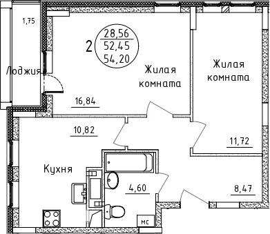Планировка: 2-комнатная квартира 52,5 м² в ЖК «Дом Союзов»