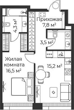 Планировка: Евродвушка 47,4 м² в ЖК «Веер»