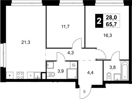 Планировка: 2-комнатная квартира 65,7 м² в ЖК «Симоновский Вал»