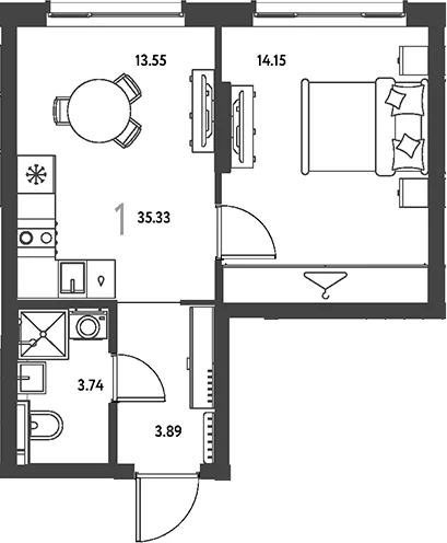 Планировка: 1-комнатная квартира 35,3 м² в ЖК «Страна.Парковая»
