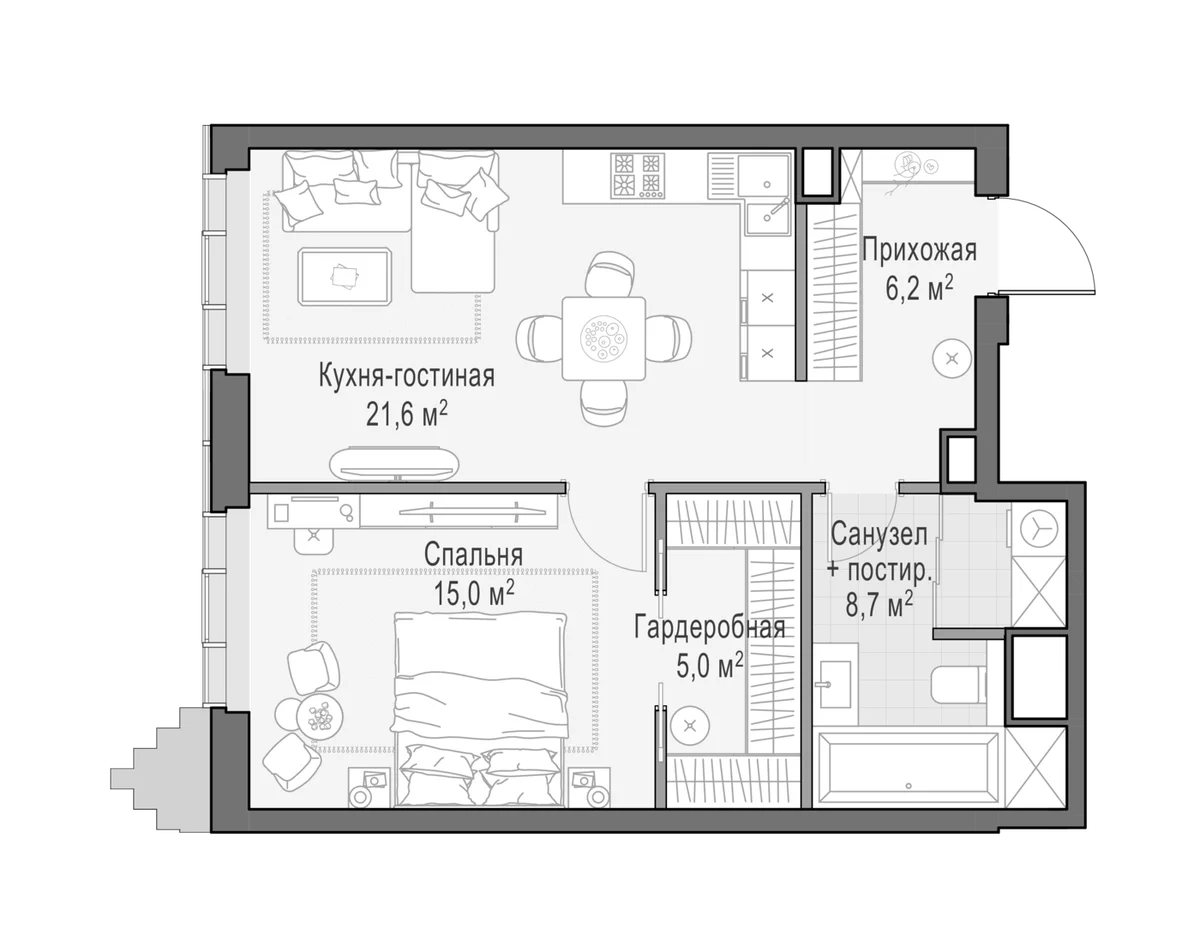 Планировка: Евродвушка 56,3 м² в ЖК «Квартал Тишинский бульвар»