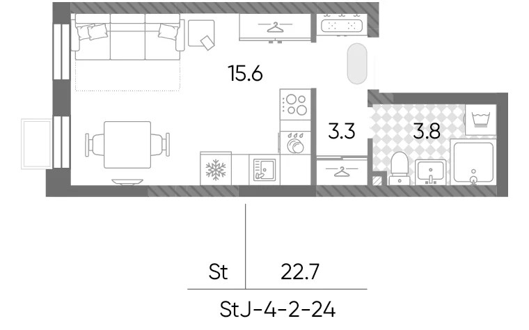 Планировка: Студия 22,7 м² в ЖК «Лучи»
