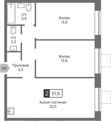 Планировка: Евротрёшка 61,6 м² в ЖК «Отрада 3»