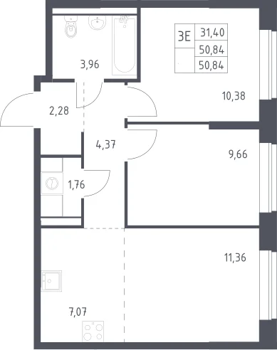 Планировка: Евротрёшка 50,8 м² в ЖК «Пригород Лесное»