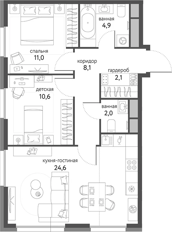 Планировка: Евротрёшка 63,3 м² в ЖК «Сиреневый парк»