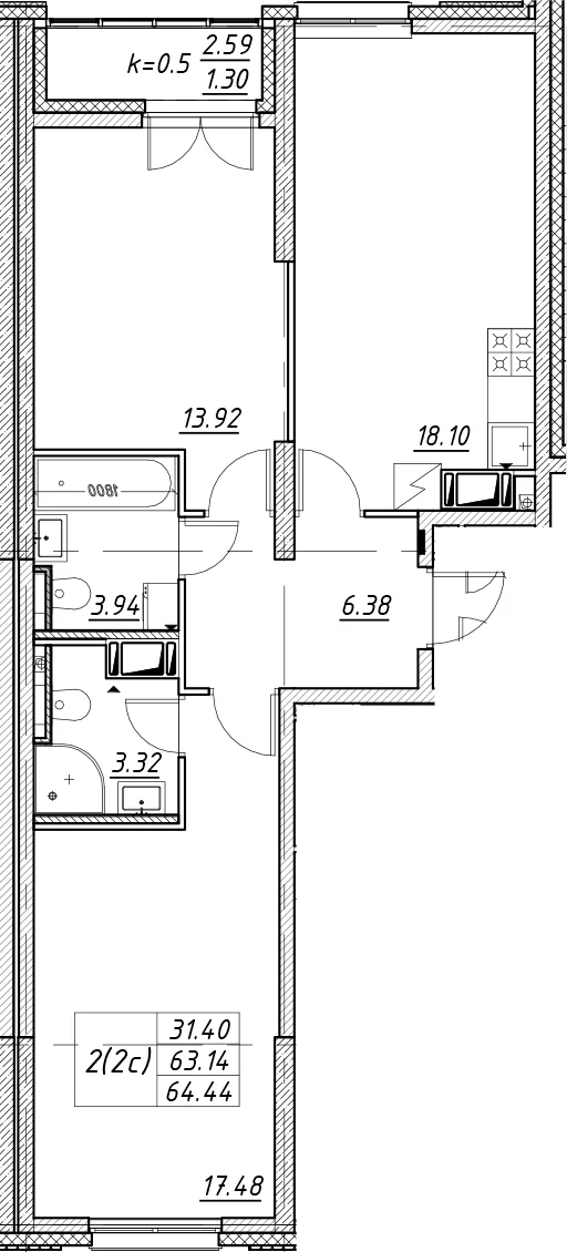 Планировка: Евротрёшка 63,1 м² в ЖК «Цивилизация на Неве»