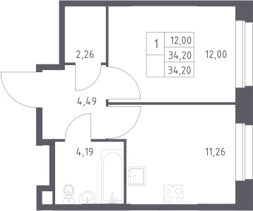 Планировка: 1-комнатная квартира 34,2 м² в ЖК «ЭкоБунино»