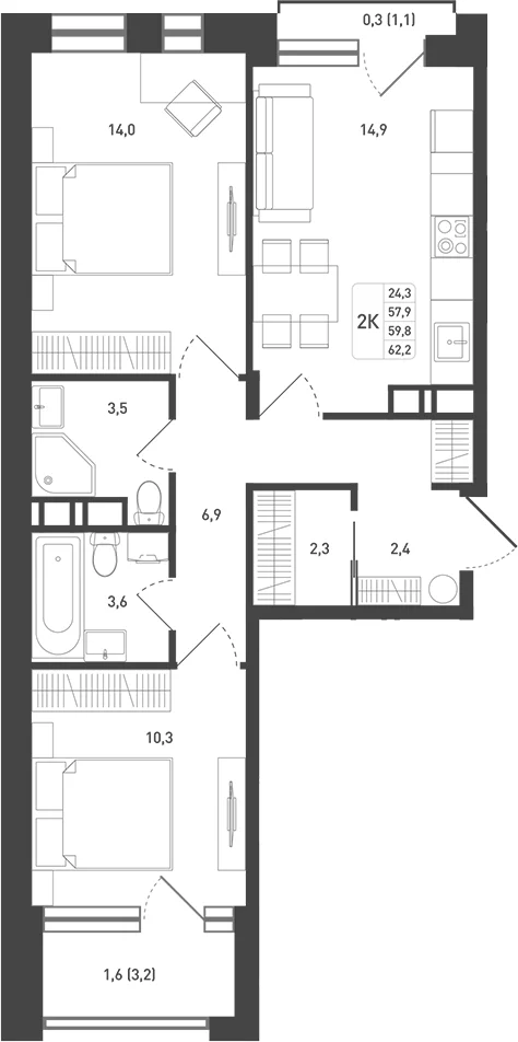 Планировка: 2-комнатная квартира 61,2 м² в ЖК «Новая Щербинка»
