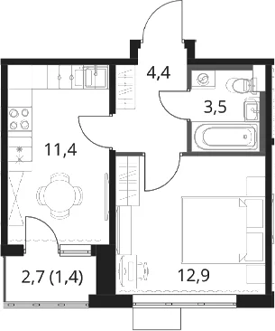 Планировка: 1-комнатная квартира 32,2 м² в ЖК «1-й Шереметьевский»