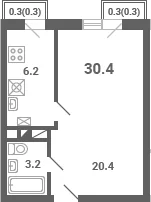 Планировка: 1-комнатная квартира 29,8 м² в ЖК «Южная Долина»