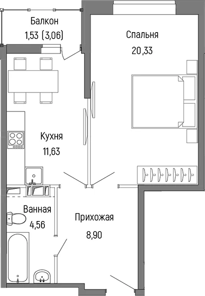Планировка: 1-комнатная квартира 42,8 м² в ЖК «Рига Хиллс»