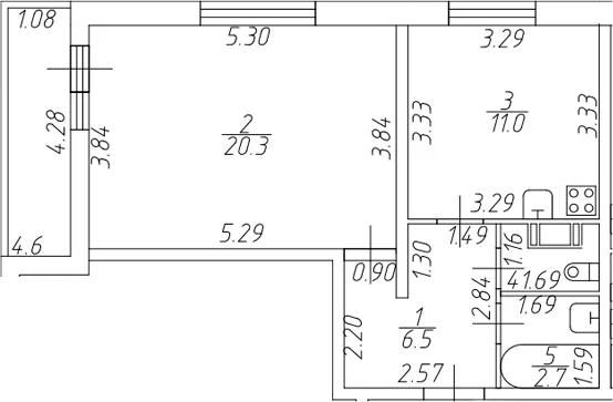 Планировка: 1-комнатная квартира 42,1 м² в ЖК «Тандем»