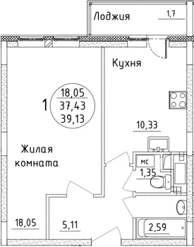 Планировка: 1-комнатная квартира 37,4 м² в ЖК «Дом Союзов»