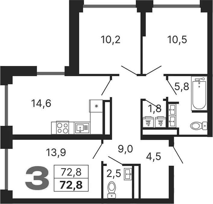 Планировка: 3-комнатная квартира 72,8 м² в ЖК «Бестселлер»