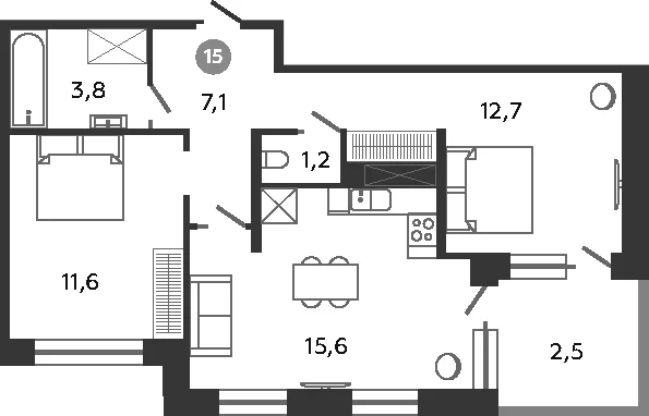 Планировка: Евротрёшка 52 м² в ЖК «Графская слобода в Песках»