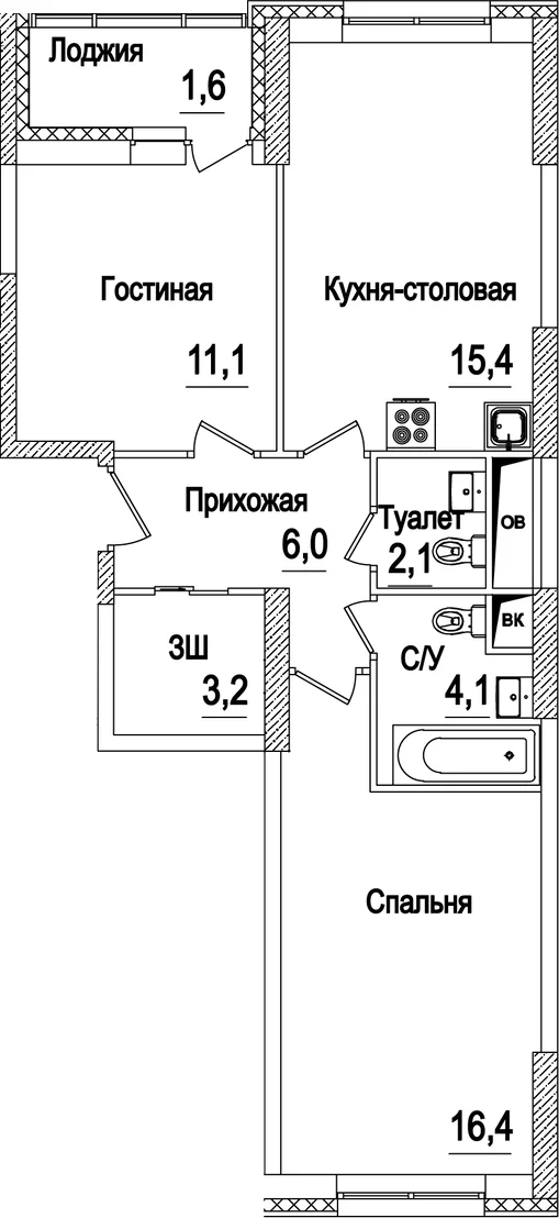 Планировка: Евротрёшка 58,3 м² в ЖК «Рассказово»
