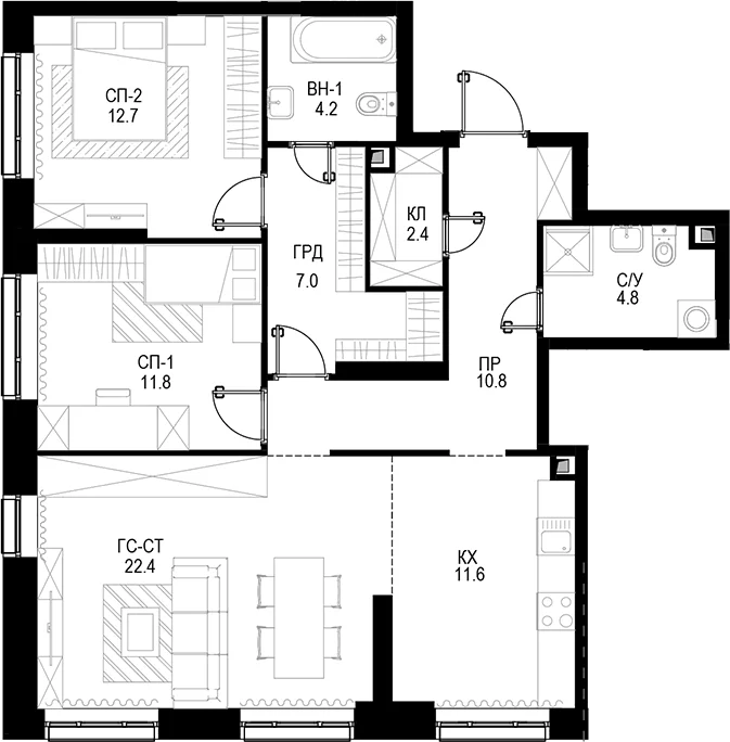 Планировка: 3-комнатная квартира 87,7 м² в ЖК Трилогия «Кристалл»