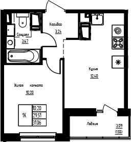 Планировка: Евродвушка 29,5 м² в ЖК «Кронунг-Янино»