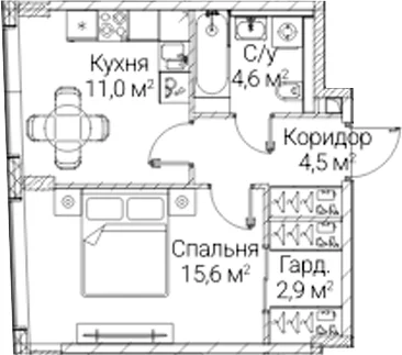 Планировка: 1-комнатная квартира 38,6 м² в ЖК «СЕЗАР БУДУЩЕЕ»