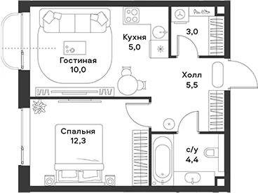 Планировка: Евродвушка 40,2 м² в ЖК «АЛИА»
