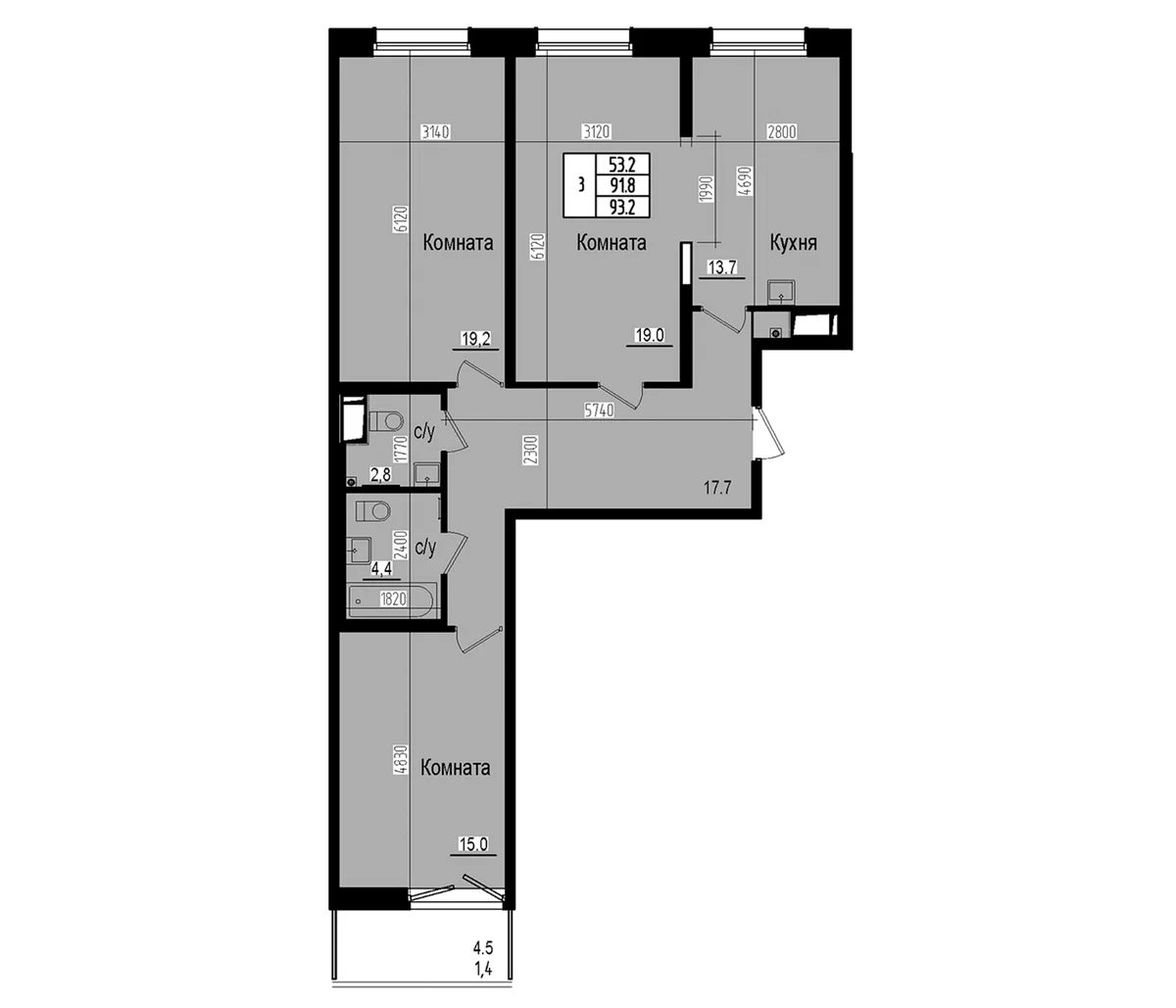 Планировка: 3-комнатная квартира 91,8 м² в ЖК «Прагма Сити»
