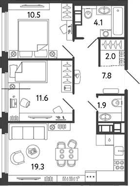 Планировка: Евротрёшка 57,2 м² в ЖК «Гений»