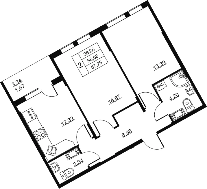 Планировка: 2-комнатная квартира 56,1 м² в ЖК «Высота. Всеволожск»