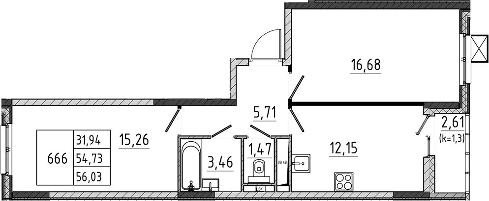 Планировка: 2-комнатная квартира 54,7 м² в ЖК «Поварово-Молодежный-2»
