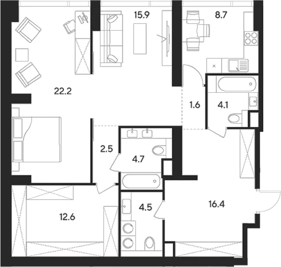 Планировка: 2-комнатная квартира 93,2 м² в ЖК «Инди Тауэрз от Аквилон»
